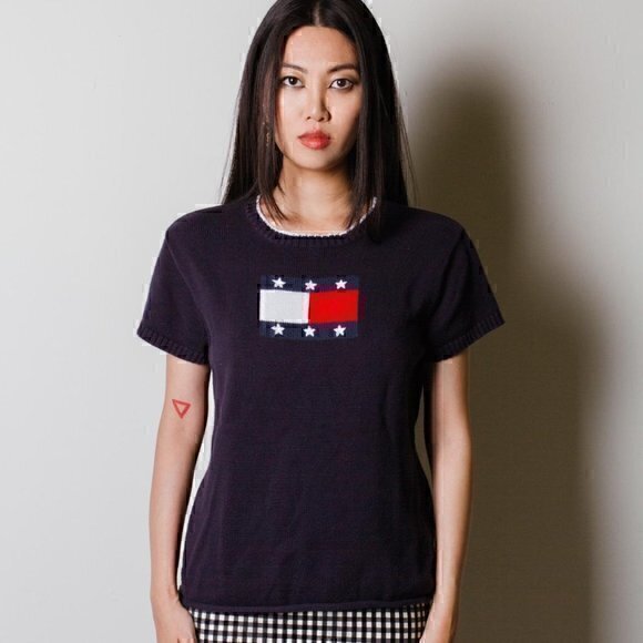 Vintage Tommy Hilfiger Short Sleeve Knitted Logo Sweater - Picture 1 of 4